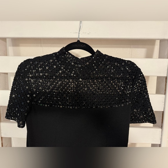 ST JOHN Evening Black Sheath Dress Size 8 Embellished Sequin Mock Neck - Picture 8 of 14